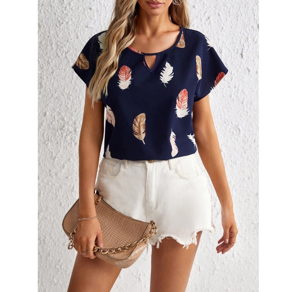 Navy Blue Feather Print Shirt Top Short Sleeves - Picture 2 of 6